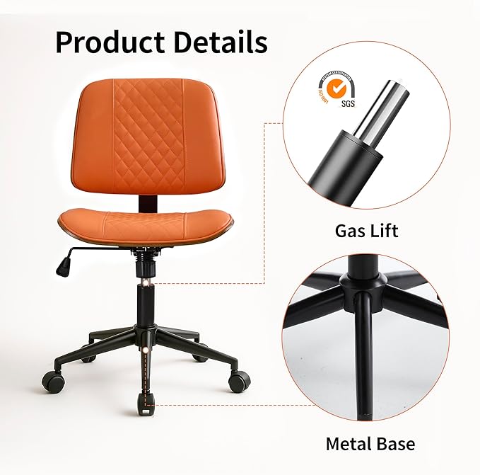 Small Home Office Chair - Armless Mid Back Desk Chair with 360° Swivel and Wheels, PU Upholstered Height Adjustable Modern Walnut Computer Chair for Home, Office Meeting Room - Orange