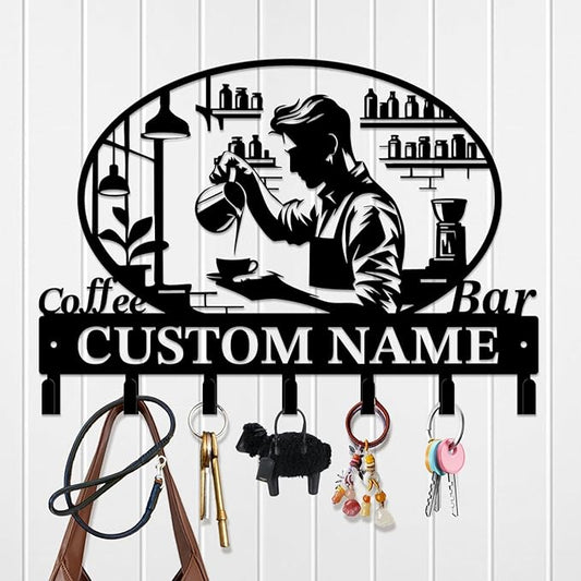 Coffee Bar Keys Holder - Metal Iron Wall Hooks with Custom Name | Personalized Home Decor & Gift Idea | Coffee-Themed Text Engraving Design (Style E)