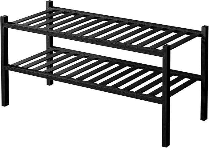 2 Tier Bamboo Shoe Rack for Closet Free Standing Wood Shoe Shelf for Entryway Small Space Stackable 27"x11"x13" (Black)