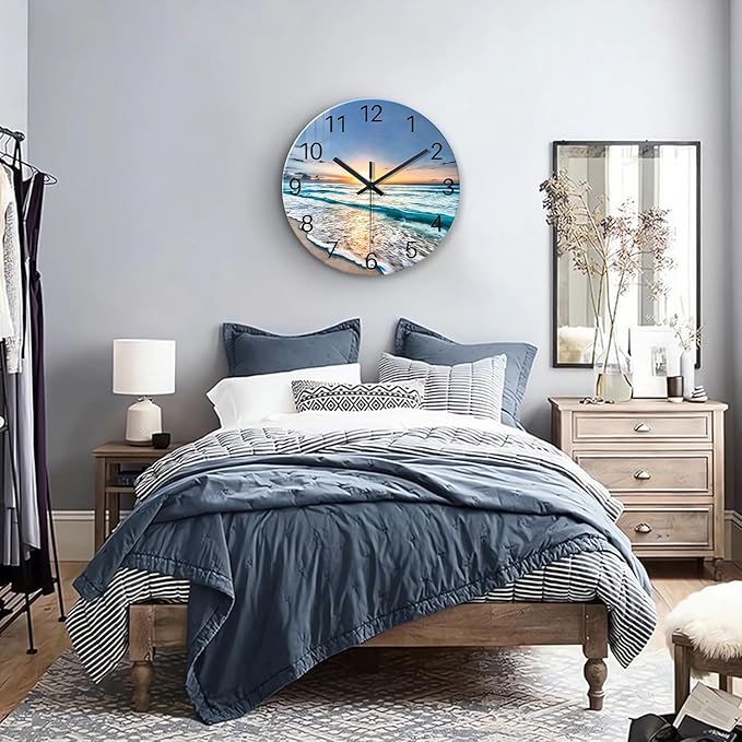 Blue Coastal Wall Clocks Battery Operated 16 Inch Glass Wall Clock Silent Beach Round Large Wall Clock for Living Room