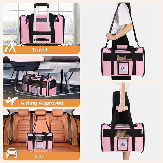 Pet Carrier 17Lx12Wx11H inches, Airline Approved,Pet Travel Carrier Bag for Small Cats and Dogs, Soft Dog Carrier for 1-25 LBS Pets,Dog Cat Carrier with Safety Lock Zipper (Pink)
