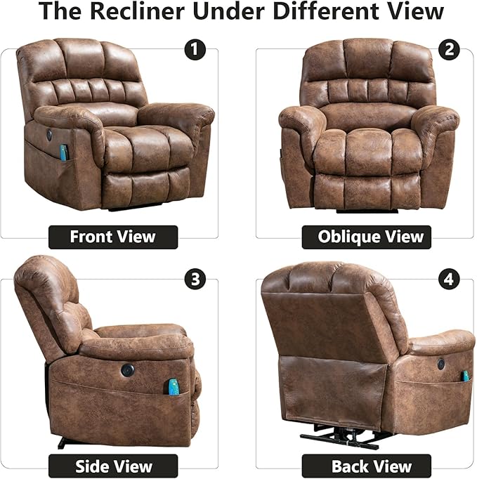 Power Lift Recliner Chair with Massage and Heat for Elderly, Faux Leather Electric Lifting Recliners with USB Port, Overstuffed Wide Reclining Sofa with Side Pockets for Living Room, Brown
