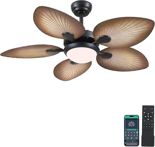 Tropical Ceiling Fans with Lights and Remote/APP Control, 44 Inch Palm Leaf Ceiling Fan with LED Lights, Outdoor Ceiling Fans for Patios Porch, Reversible Quiet Motor, Dimmable, Wood Grain