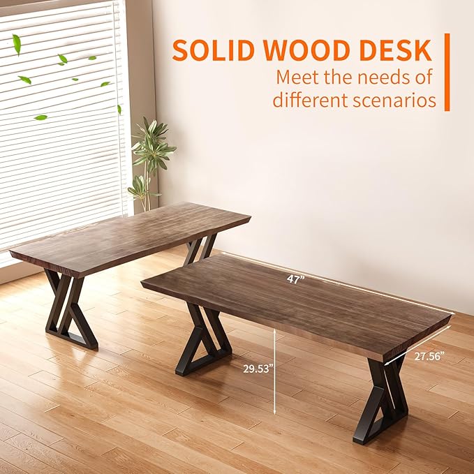 Solid Wood and Metal Modern Industrial Writing Table, 47 inch Wide Home Office Desk Bedroom Computer Desk Workstation, Rustic Natural Aged Brown Study Table Furniture for Your Workspace