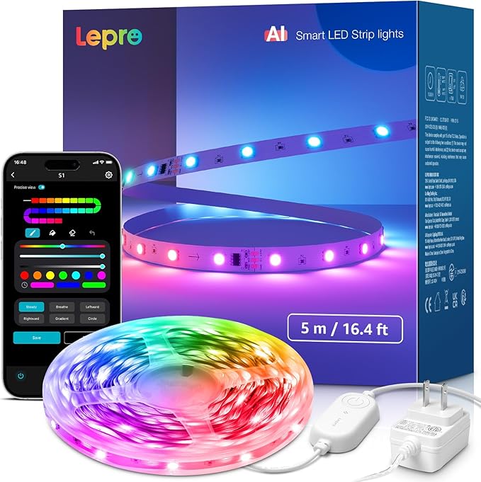 Lepro S1 AI LED Strip Lights for Christmas Decorations, 16.4ft Smart RGB Light Strips with IC and Rainbow Chasing Effects, Personalized Al Lighting Designer, No Remote, 2.4GHz Wi-Fi & Bluetooth