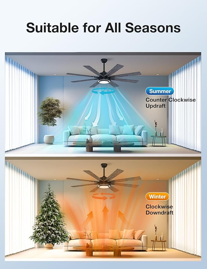 warmiplanet 62 Inch Indoor Ceiling Fans with Lights, 6 Speeds Slient Reversible DC Motor, 3 Color Dimmable LED Light, Timer, Black, 8 Blades