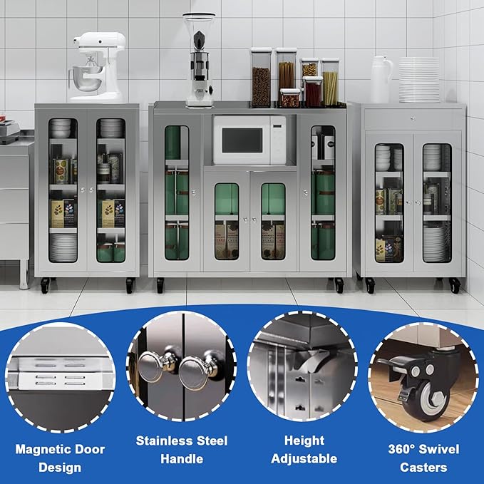 ZZV Stainless Steel Storage Cabinet, Rolling Kitchen Cabinet with Wheels, Heavy Duty Floor Cabinet for Kitchen, Garage, Restaurant, Outdoor, No Assembly Required, D15.75 x W23.62 x H41.74