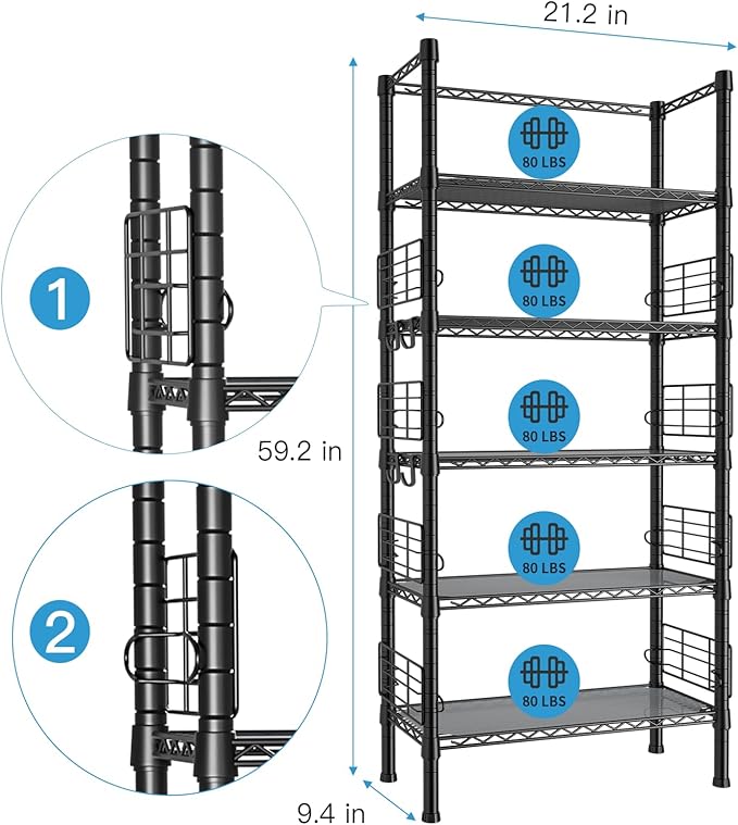 FUTASSI Metal Storage Rack, Storage Organizer Shelves for Kitchen, Bathroom, Living Room, Balcony and Garage, 5 Tiers Narrow Bookshelf, 21.2" W x 9.4" D x 59.2" H, Load 400lbs, Black