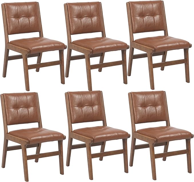 KCC Modern PU Leather Dining Chairs Set of 6, Upholstered Kitchen Chairs with Solid Wood Legs and Comfortable Seat for Dining Room/Lounge/Bedroom(Brown)