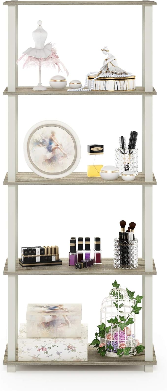 Furinno Turn-N-Tube 5-Tier Multipurpose Shelf / Display Rack / Storage Shelf / Bookshelf, Square Tubes, Sonoma Oak/White