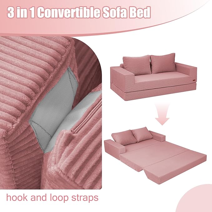 COMAX Convertible Sofa Bed Queen, Corduroy Folding Floor Couch Pull Out Couch Bed Futon Sleeper with Pillows, Fold Out Boneless Sofa Comfy Lounge Mattress Loveseat for Living Room Bedroom, Pink