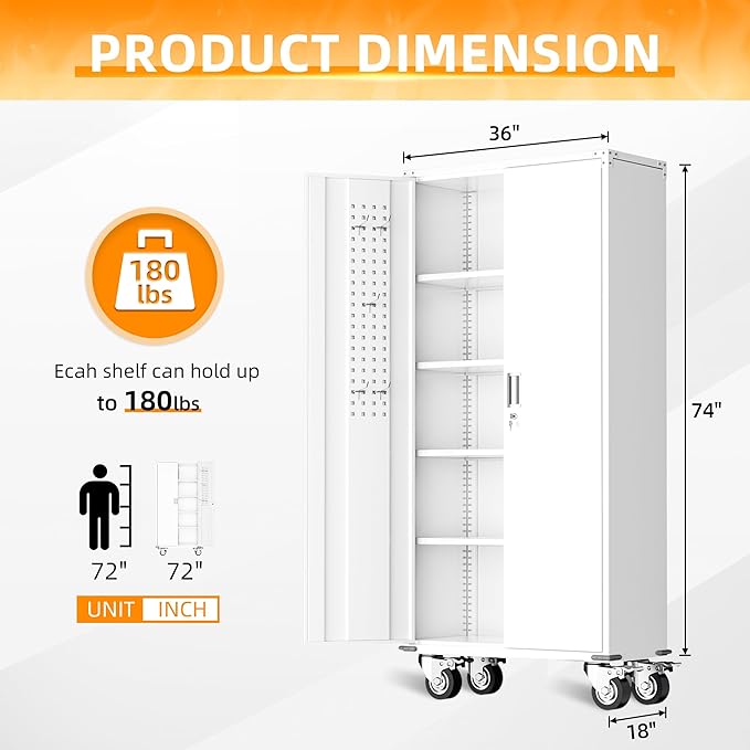 INTERGREAT Rolling Metal Cabinet with Wheels, 75" H Rolling Metal Cabinets with Pegboard, 18" D x 36" W Large Capacity Pulley Cabinet with Adjustable Shelves for Home Office, School, Garage(White)