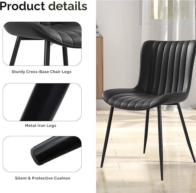 Dining Chairs, Modern Dining Room Chair 16 inch Leather with Wooden and Metal Frame, Set of 4 (Black)