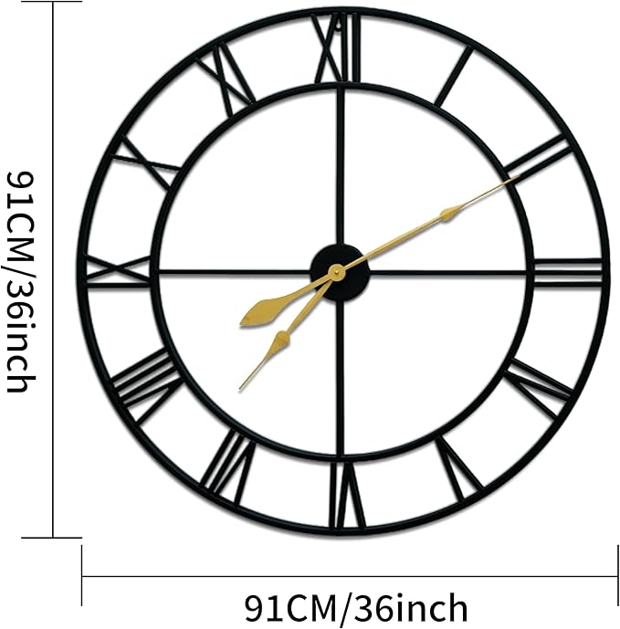36inch/91cm Large Wall Clocks for Living Room Decor,Wall Clocks Battery Operated,Metal,Decorative,Analog,Silent, Non Ticking,Extra Large Wall Clock (Iron Roman Numerals, 36 inches)