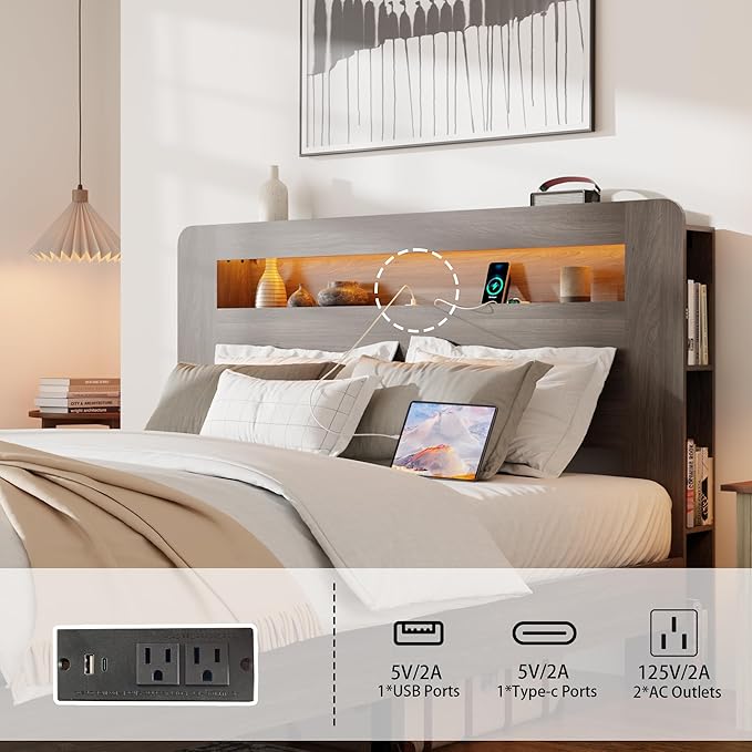 Full Bed Frame with Headboard, Wooden Platform Bed Frame Full Size with Bookcase Shelf, LED Lights, Charging Station, Heavy Duty Supports, No Box Spring Needed,Dark Grey