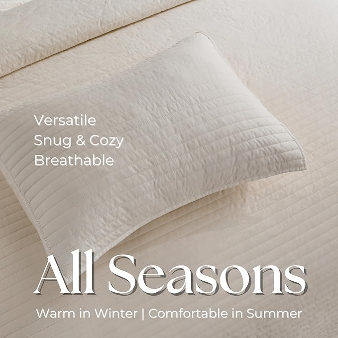 DOWN HOME Twin Quilt Bedding Set with Sham, Vintage Washed Soft Quilted Blanket Thin Comforter Lightweight Bedspread Coverlet Bed Cover, Brushed Microfiber Stripe Stitching, Linen White, 66"x92"