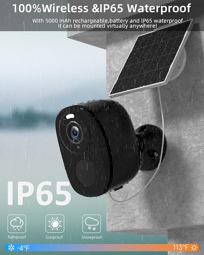 2.4&5G Solar Security Cameras Wireless Outdoor,2K QHD Home Security System, Solar Cameras Kit with 130° Ultra-Wide View, 2-Way Talk, IP65,Color Night Vision, Spotlight & Siren (1, Black)