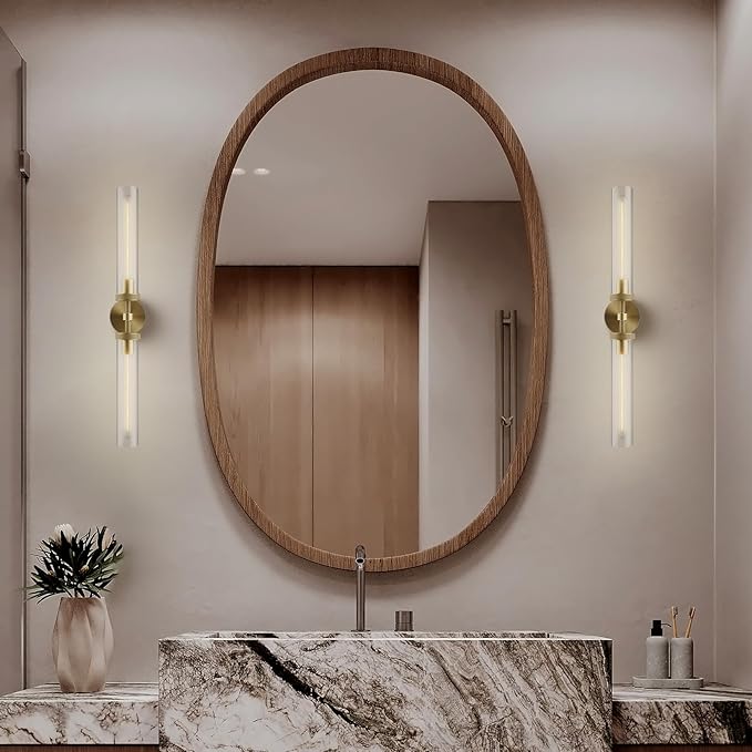 Brass Wall Sconces, 30in Gold 2-Light Double Glass Sconces Wall Lighting, Bathroom Knurled Vanity Light Sconces, Wall Lights for Living Room Bedroom（Including Bulb）