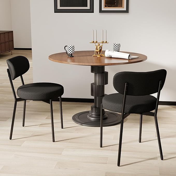 Dining Chairs Set of 2 pcs, Boucle Comfortable Upholstered Seat Fabric with Curved Backrest, Mid Century Modern Contemporary Scandinavian Designer Chairs Ideal for Dining Room, Kitchen, Black