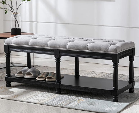 Kmax Storage Entryway Bench Tufted Shoe Rack Bench Black Wood Window Bench for Hallway Entrance Bedroom Corner, Grey