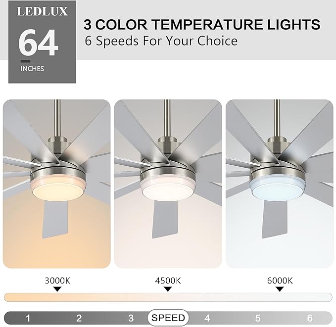 64" Ceiling Fan with Light Silver, 6-Speed Remote Control, Reversible DC Motor, Modern 9 Blades with 4.5"/12" Downrods for Home or Commercial, Living Room/Restaurant