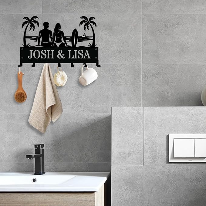 NIWAHO Personalized Key Holder for Wall - Custom Key Hanger with Family Name - Surfboard Couple Engraving Metal Wall Sign with Hooks, Housewarming or New Home Gift