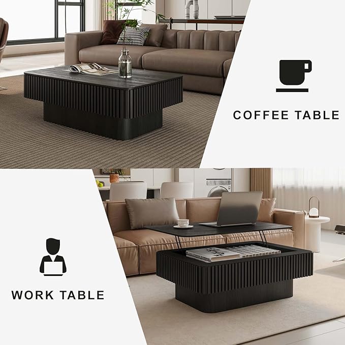 38.6" Lift Top Coffee Table with Storage, Fluted Coffee Table with Solid Wood Veneered, Mid Century Modern Wooden Center Table, Accent Tea Table for Living Room Apartment, Black