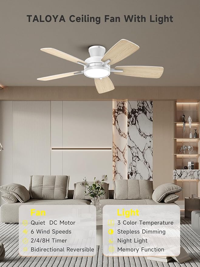 TALOYA Ceiling Fans with Lights and Remote, 46 Inch Low Profile Ceiling Fan with Light, Flush Mount, Reversible, 3CCT, Dimmable White Modern Ceiling Fan for Bedroom, Living Room, Outdoor Patio