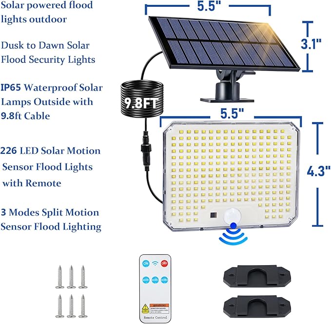 Solar Flood Lights Outdoor, 226 LEDs Flood Lights Motion Sensor, Dusk to Dawn Solar Outdoor Lighting with 3 Modes, Remote Control Outside Security Porch Lights for Garage Patio Yard (1 Pack)