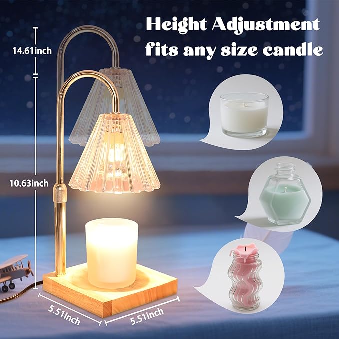 Candle Warmer Lamp with Timer Dimmable, Clear Wax Melt Warmer Adjustable Height Warmer Lamp for Jar Candles, Original Wood Base for Home Decor Birthday