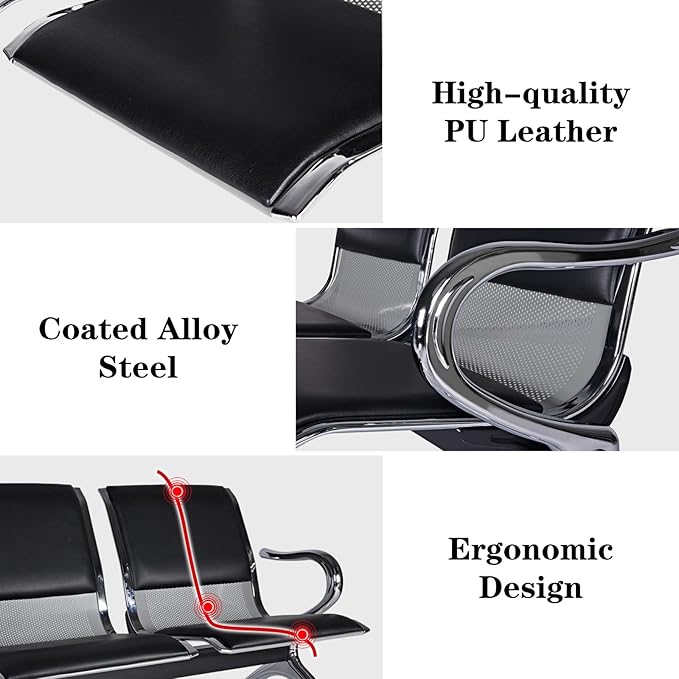 Kinfant Waiting Room Chairs Set- 2-Seat PU Leather Office Chair Guest Reception Waiting Room Bench Furniture for Airport, Hospital, Bank, Salon, Barbershop(Black, Set of 2)