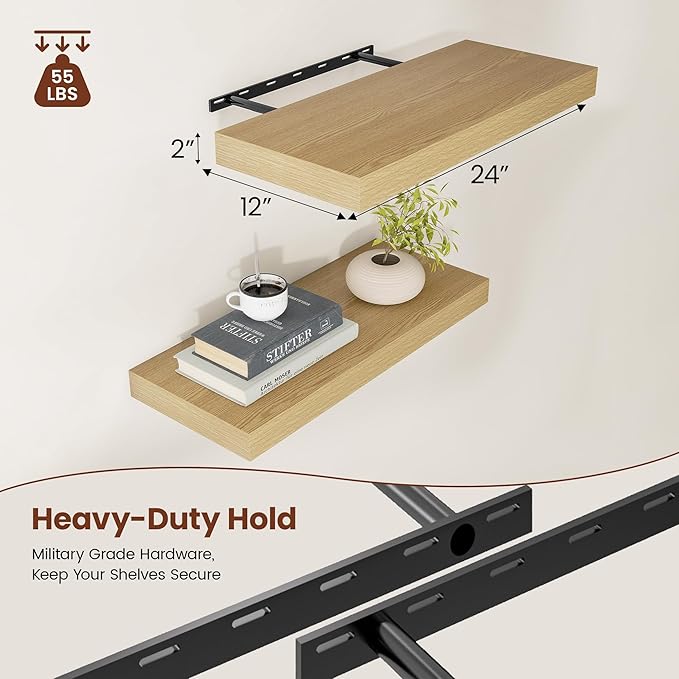 Vivelove 12 Inch Deep Floating Shelves 24 inch Long, 24 x 12 Wide Wall Shelves with Invisible Brackets, Shelf for Bedroom Bathroom Living Room Kitchen Office Home Decor, Modern Shelf Set of 2, Oak