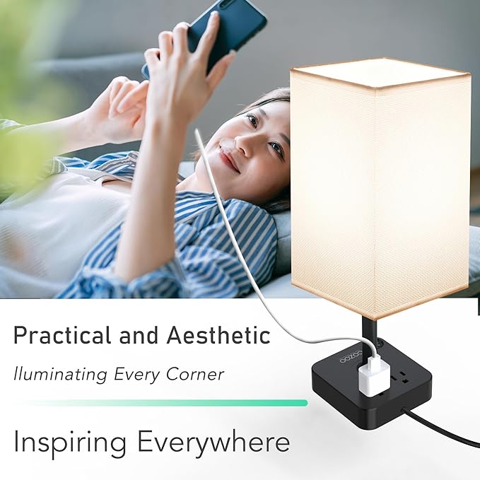 Table Lamp Dimmable cozoo USB Bedside Table Desk Lamp with 2 USB Charging Port(A+C) 2 Outlet,Nightstand Lamp with Charger Base White Fabric Shade,LED Touch Lamp for Bedroom/LivingRoom/Dorm/Home Office