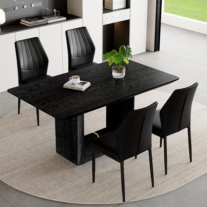 63" Modern Black Dining Table Set for 4 with Chairs, 5 Piece Rectangular Dining Room Table and 4 PU Leather Chairs, Kitchen Dining Set with Matte Wood Finish, Geometric Base, Easy Assembly