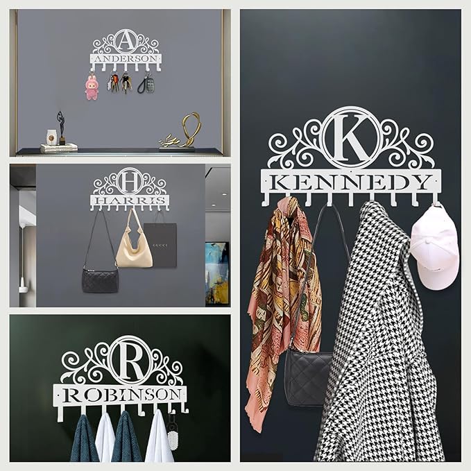 Personalized Key Hooks for Wall,Custom Initial Name Key Holder Wall Mounted,Fashion Monogram Coat Rack,Metal Key Hanger with Hooks,Key Rack Organizer for Entryway,Hallway,Doorway