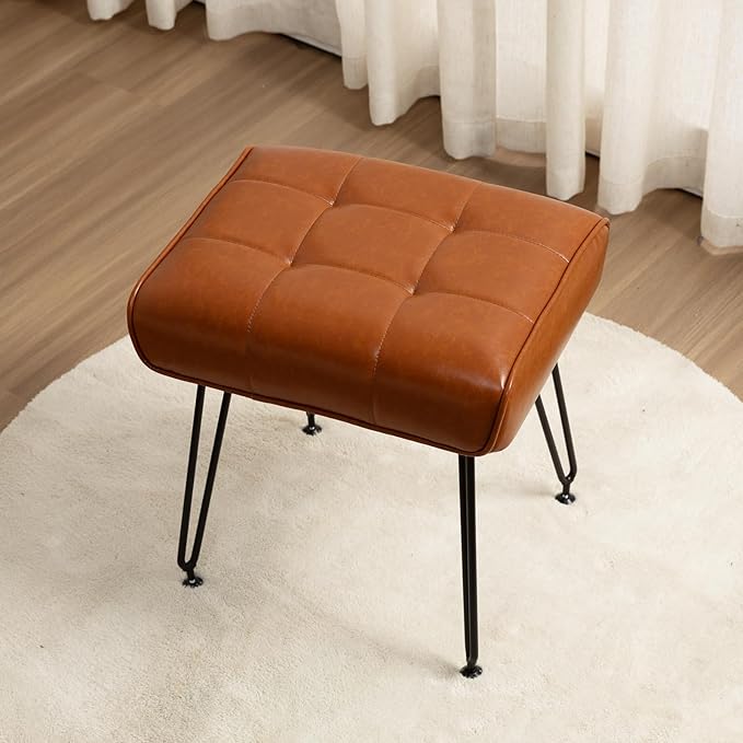 PU Leather Vanity Stools, Vanity Stool Chairs for Makeup Faux Leather Foot Stools Ottoman with Metal Leg Make up Chairs for Vanity Small Bench Seat for Living Room Bedroom (Whiskey Brown)
