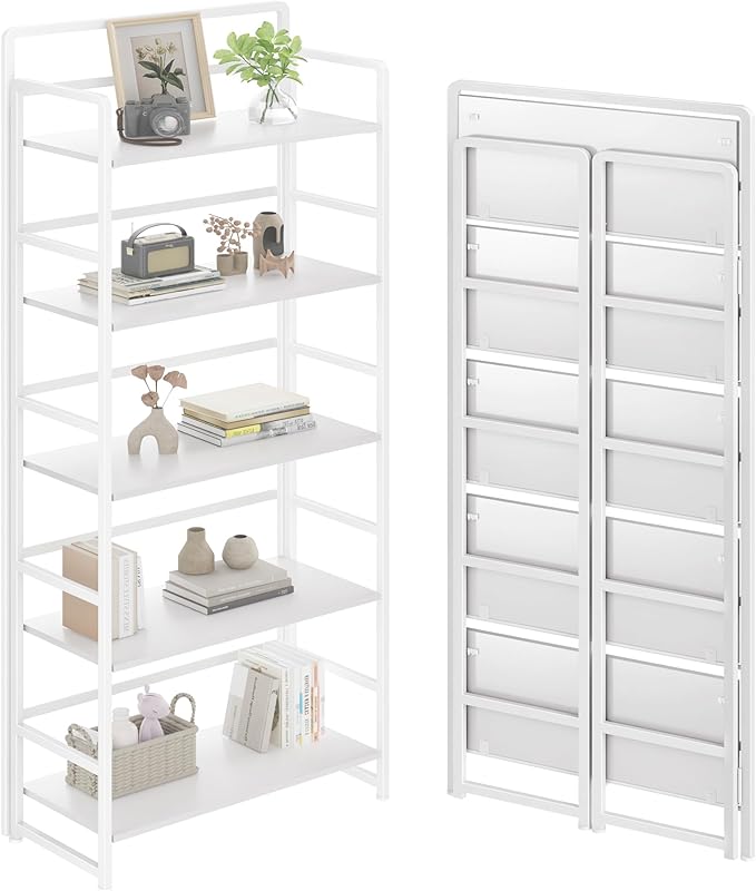 No Assembly Folding Bookshelf, 5 Tiers Collapsible Book Shelf for Home Office, Vintage Wood Foldable Bookcase Storage Organizer for Living Room Bedroom (White)
