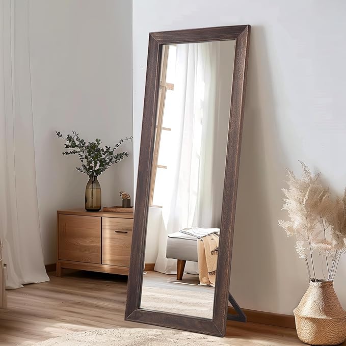 MELOMOIR Rustic Farmhouse Full Length Mirror, 64"x21" Wood Frame Floor Mirror, Free Standing Leaning Hanging, Long Mirror for Bedroom Living Room Cloakroom, Charcoal-Grilled Brown