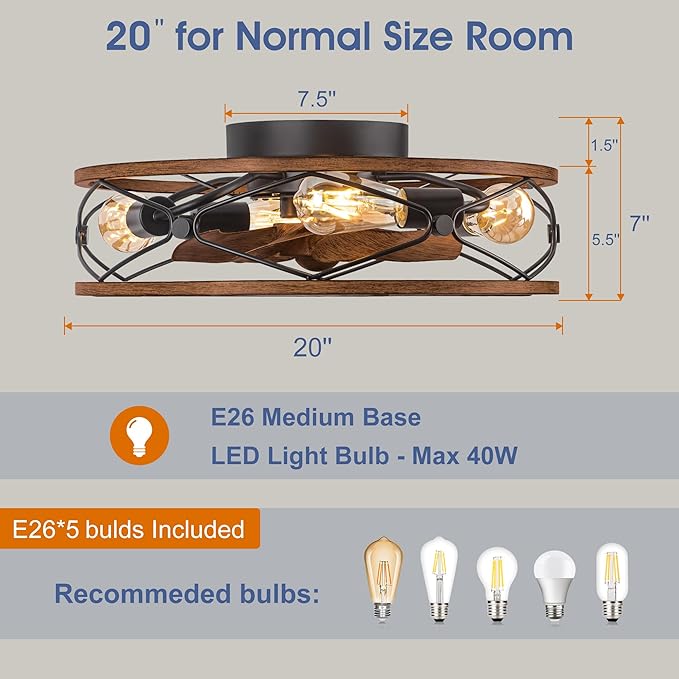 TIFEROR 20" Low Profile Caged Ceiling Fans with Lights and Remote, Farmhouse Flush Mount Ceiling Fan with 3 Speeds Reversible Motor, for Kitchen, Bedroom (Bulbs Included)