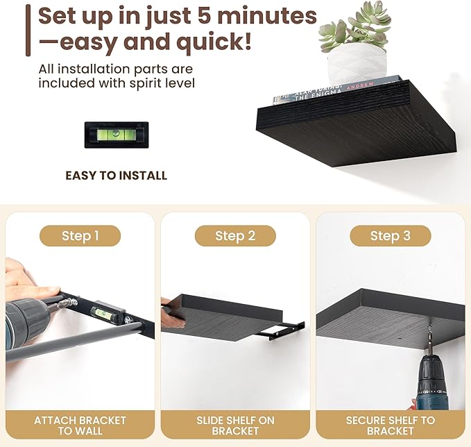 Fun Memories Floating Shelves for Wall - 7.5 Inch Square Shelves with Invisible Brackets, Black Small Wall Shelf for Living Room, Bathroom, Bedroom, and Kitchen Decor，Set of 4