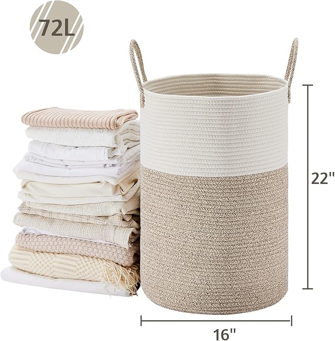 VIPOSCO Large Laundry Hamper, Tall Woven Rope Storage Basket for Blanket, Toys, Dirty Clothes in Living Room, Bathroom, Bedroom - 72L White & Brown