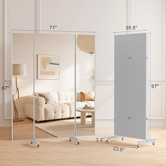 brisafe 71"x67" Folding Mirror with Wheels, 3-Panel Full Length Wall Mirror, Space-Saving Design, Shatterproof Nano Material, Portable Floor Mirror for Gym, Dance Studio, Home, Commercial Use, Black