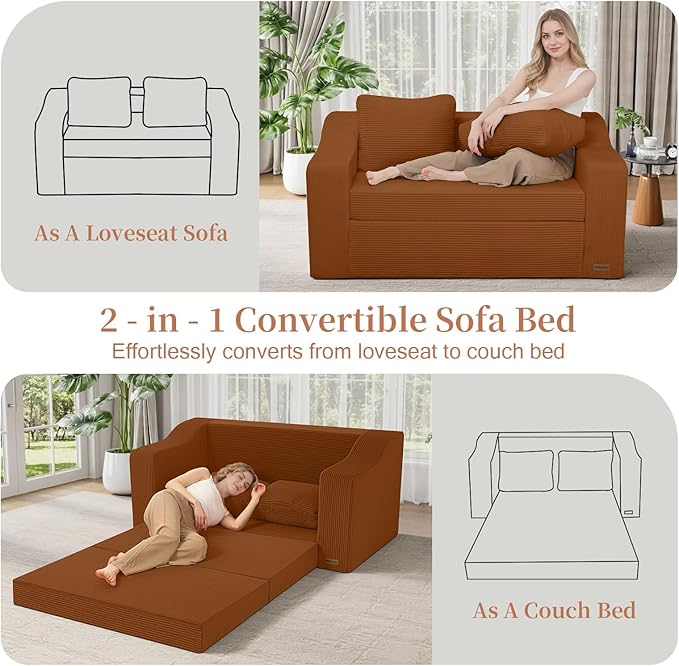 MeMoreCool Convertible Sofa Bed, Pull Out Loveseat Sofa Sleeper Couch for Bedroom Living Room Lounge, 2 in 1 Small Couch Bed with Pillow, Foldable Love Seat Futon Corduroy Orange