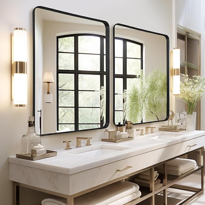Wall Mirror 30" x 40" for Bathroom Black Metal Deep Frame Mirror for Wall Decorative Rectangular Round Corner Wall Mounted Vanity Mirror for Bedroom Living Room Entryway Wall Decor