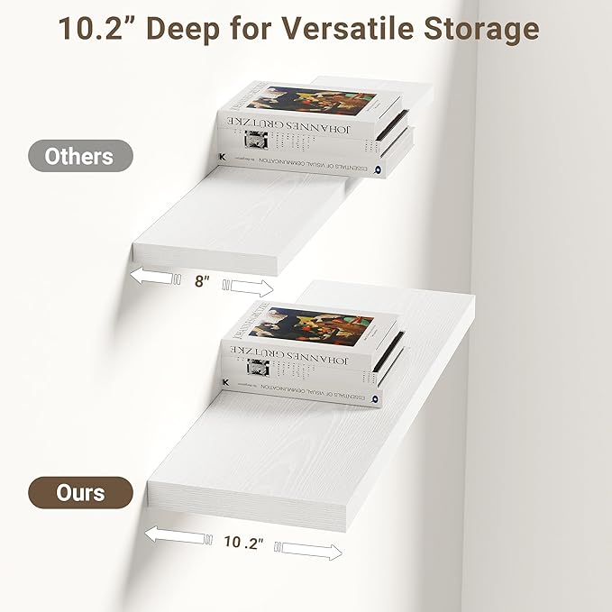 Vivelove 10 in Deep Floating Shelves for Wall, 24" x 10.2" x 1.5" Shelves for Room Wall Mounted, 1.5 Inch Thick Shelf for Bathroom Bedroom Kitchen Book Room, Modern Farmhouse Decor, Set of 2, White