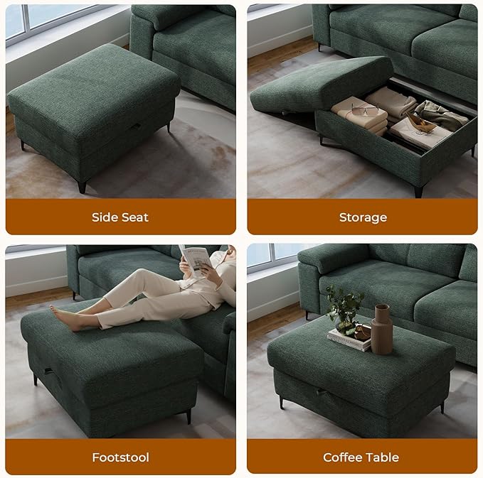 35" Large Storage Ottoman for Living Room, 7.8" Deep Seat Rectangular Ottoman Foot Rest for Couch, Chenille Storage Footstool Load 350 lb （Green）