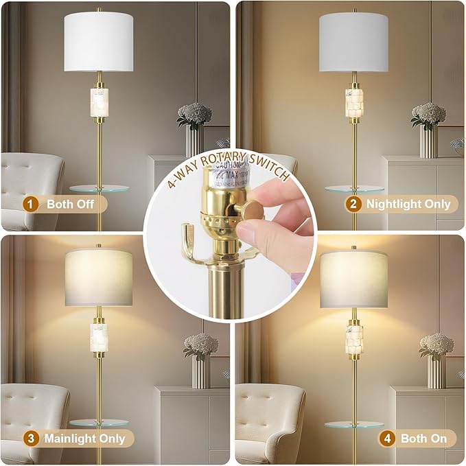 Modern Floor Lamp for Living Room with Glass Tray and Night Light, Alabaster Bedroom Lamp, Tall Lamp with Linen Shade, Marble Base Standing Lamp for Living Room,Bedroom,Office(Bulb Included)