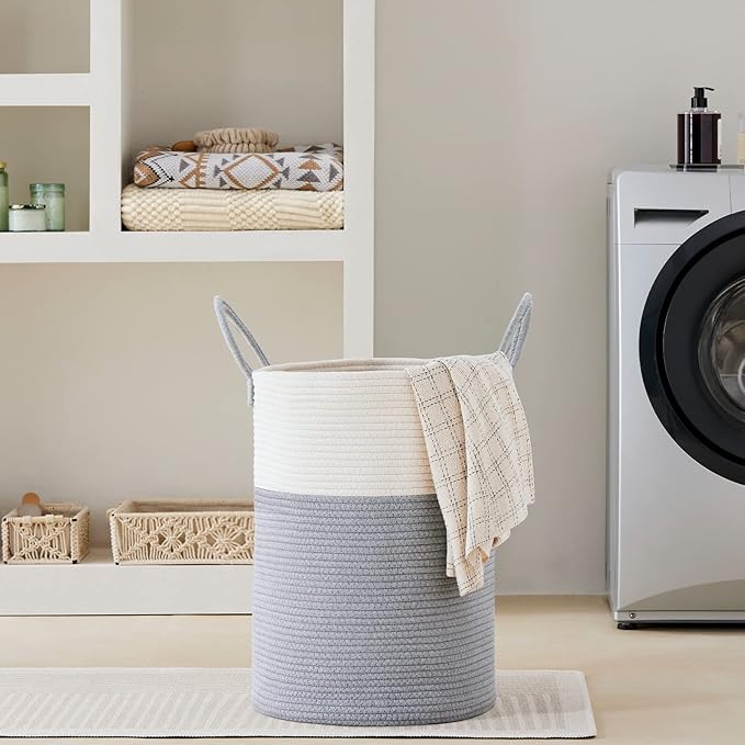 VIPOSCO Large Laundry Hamper, Tall Woven Rope Storage Basket for Blanket, Toys, Dirty Clothes in Living Room, Bathroom, Bedroom - 72L Grey & White
