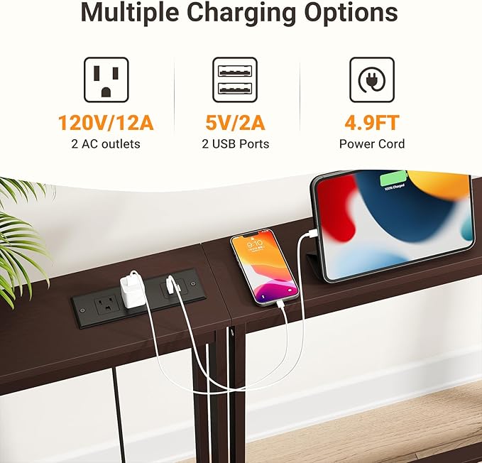 ELYKEN 2 Pack 5.9" Narrow Console Sofa Table with Power Outlets, 5.9" Dx39.4 Wx31.1 H Bamboo Behind Couch Table with Charge Station, Brown