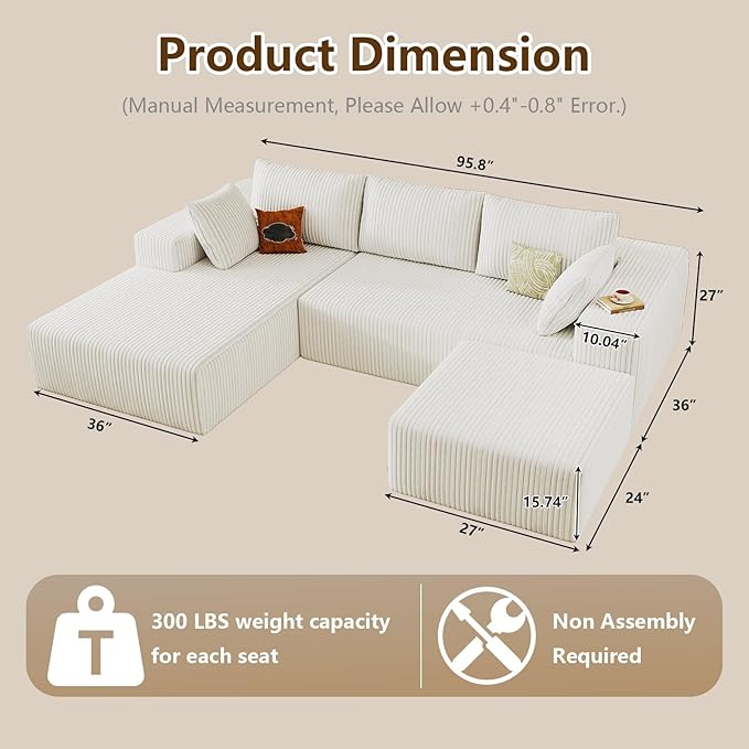 96" U-Shape Cloud Couch, Modern Modular Sectional L-Shape Sofa with Ottoman, Corduroy Upholstered Couches Deep Seat Sleeper Chaise Longue for Living Room, No Assembly Required(White, Left Facing)